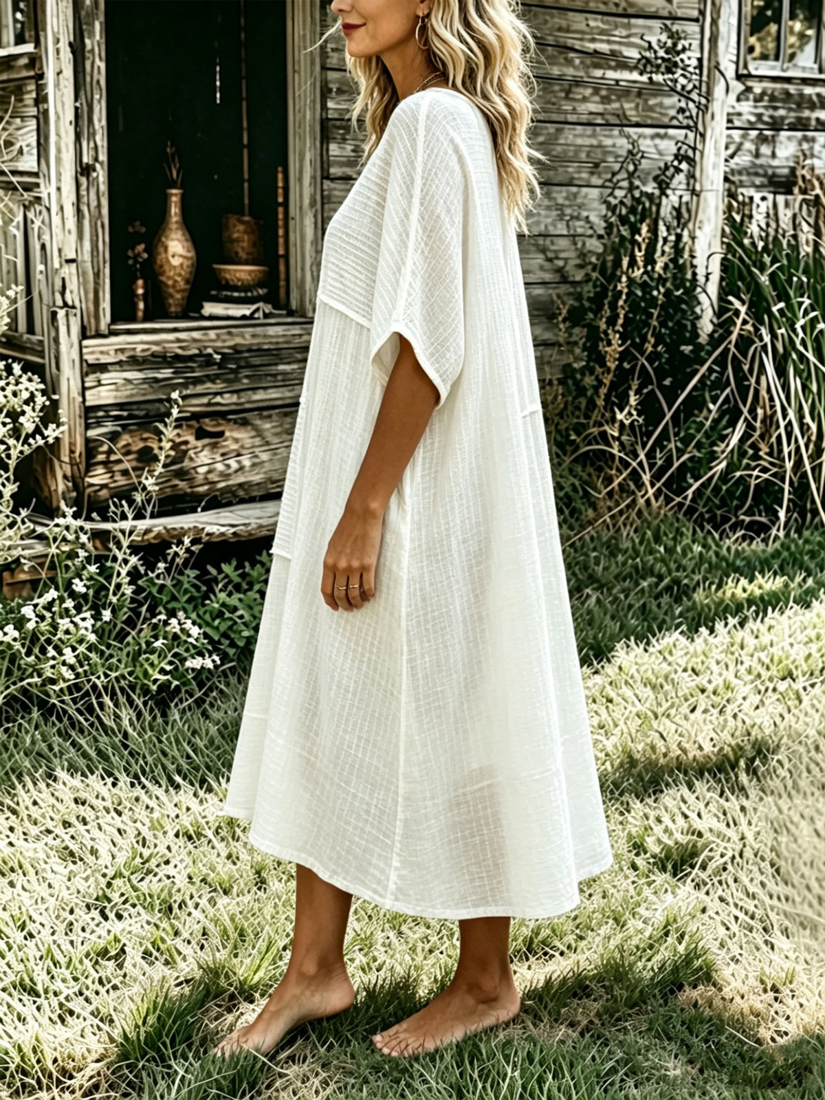 Women's White Textured Patchwork Linen Loose Short Sleeve Casual Dress With Pockets