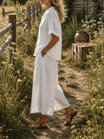 Women's Solid Textured Collar Short Sleeve Shirt & Wide Leg Maxi Skirt 2 Piece Set