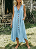 Women's Light Blue Lace V-neck Sleeveless Midi Dress, Button Front Irregular Hem Casual Dress With Pockets
