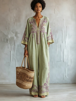 Boho-chic Sage Green Cotton-linen Jumpsuit