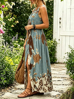 Women Vintage Abstract Leopard Print Sleeveless Split Maxi Dress