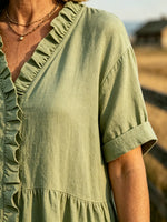 Women's Solid Ruffle Front V-Neck Cuff Short Sleeve Loose Linen Maxi Dress