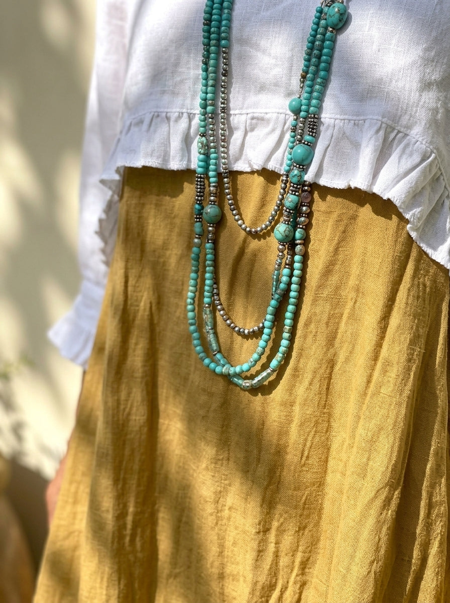 Women’s Ruffled Linen Two-Piece Outfit: Cropped Blouse & Tiered Maxi Skirt