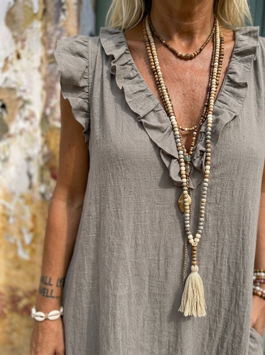 Women’s Ruffle V Neck Sleeveless Side Slit Cotton Linen Midi Dress With Pockets