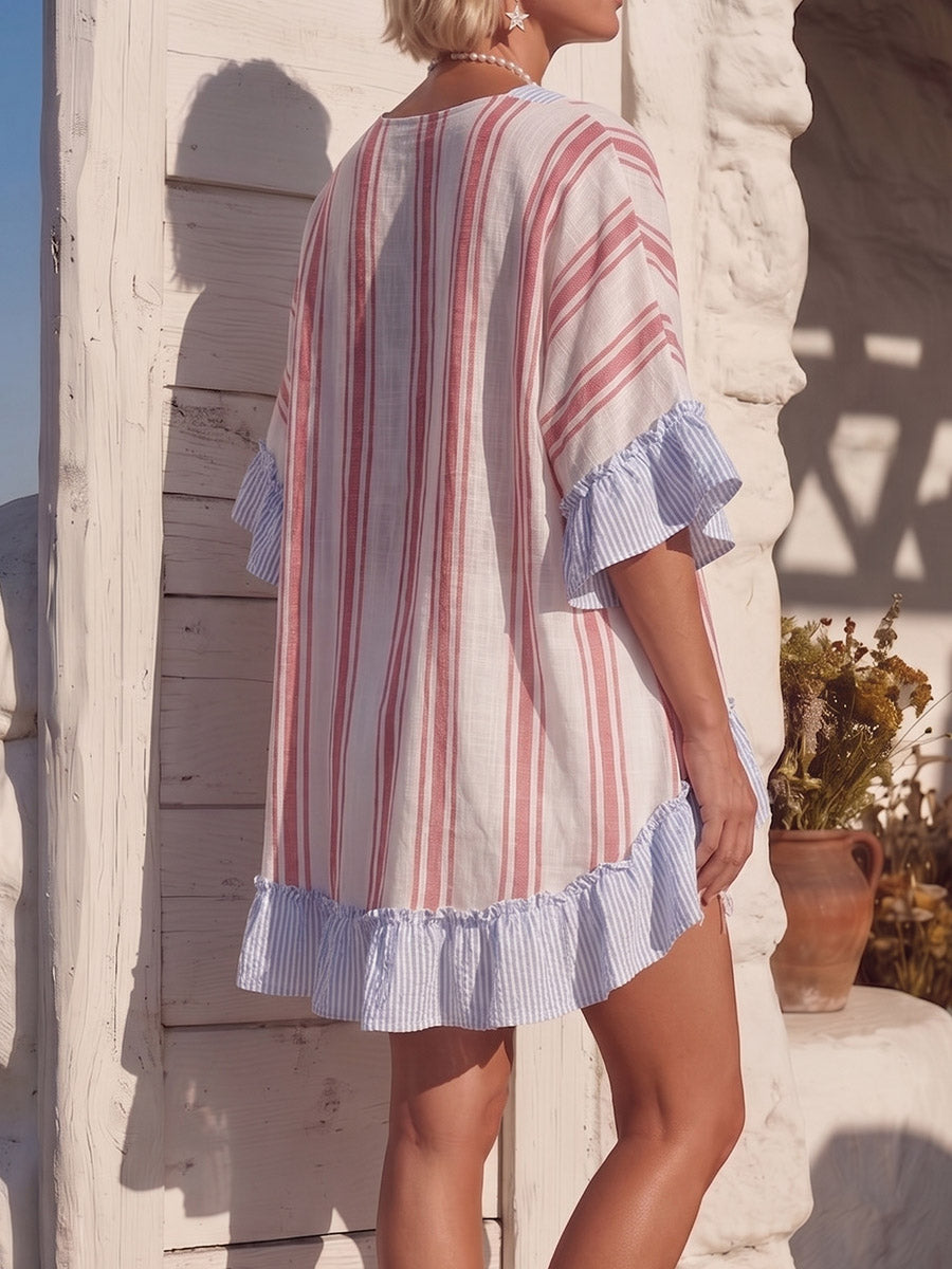Vintage Art Comfortable Summer Fabrics Cotton Linen Blend Contrasting Stripes Shirt