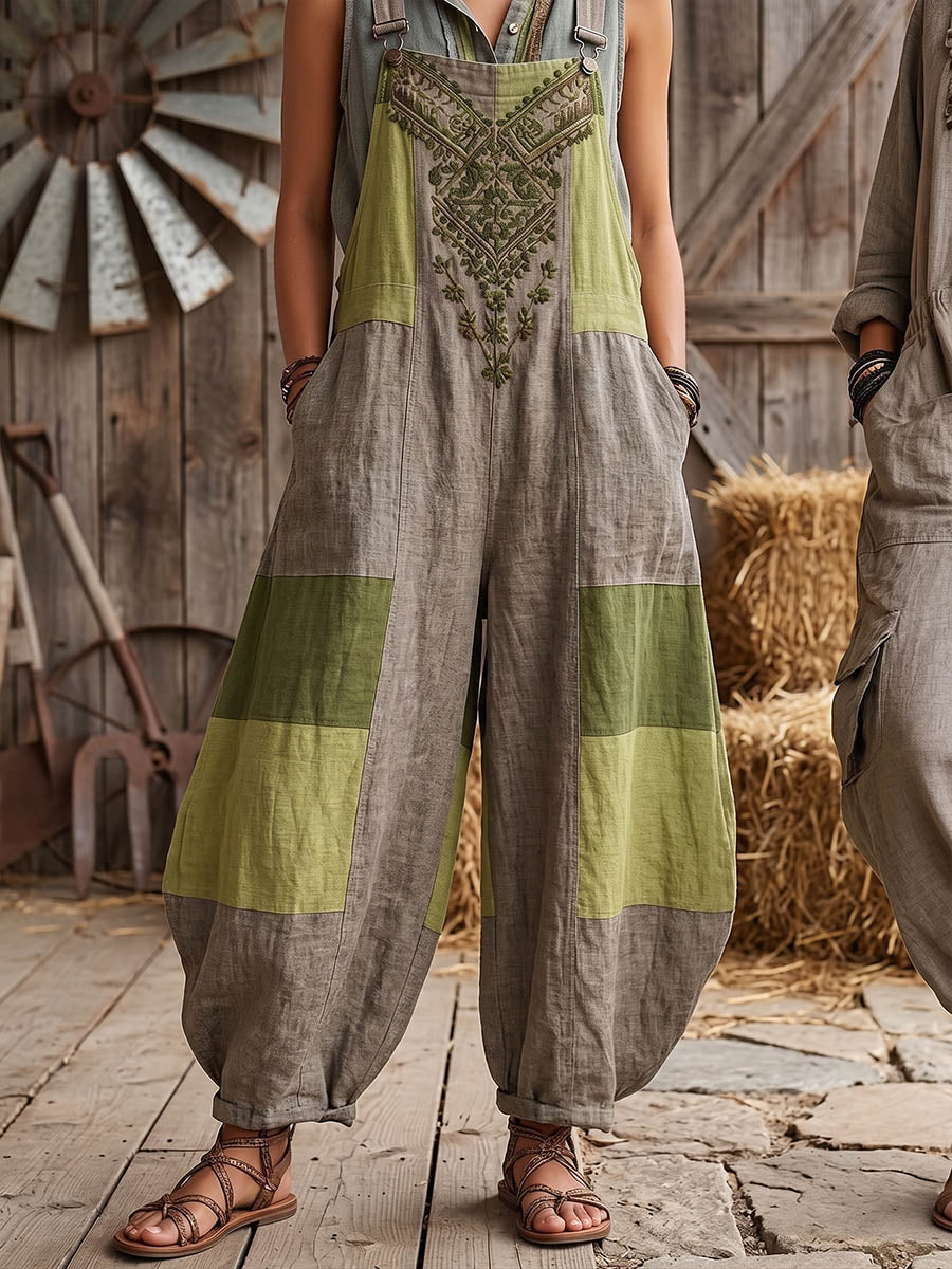 Vintage Art Comfortable Summer Fabrics Sleeveless Patchwork Cotton Linen Pattern Print Jumpsuit