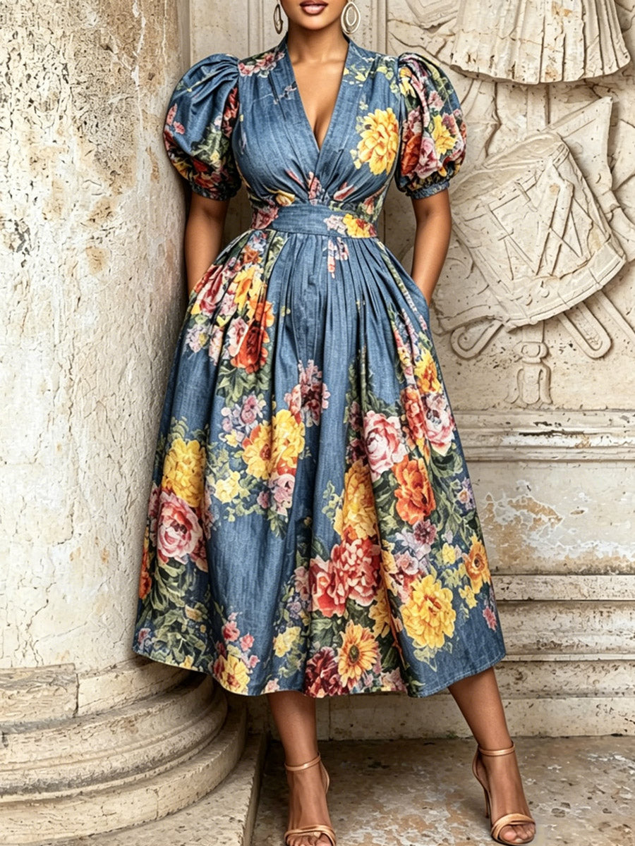 Women's Retro Floral Art Print Casual Stylish V-collar Short Sleeve Denim Midi Dress