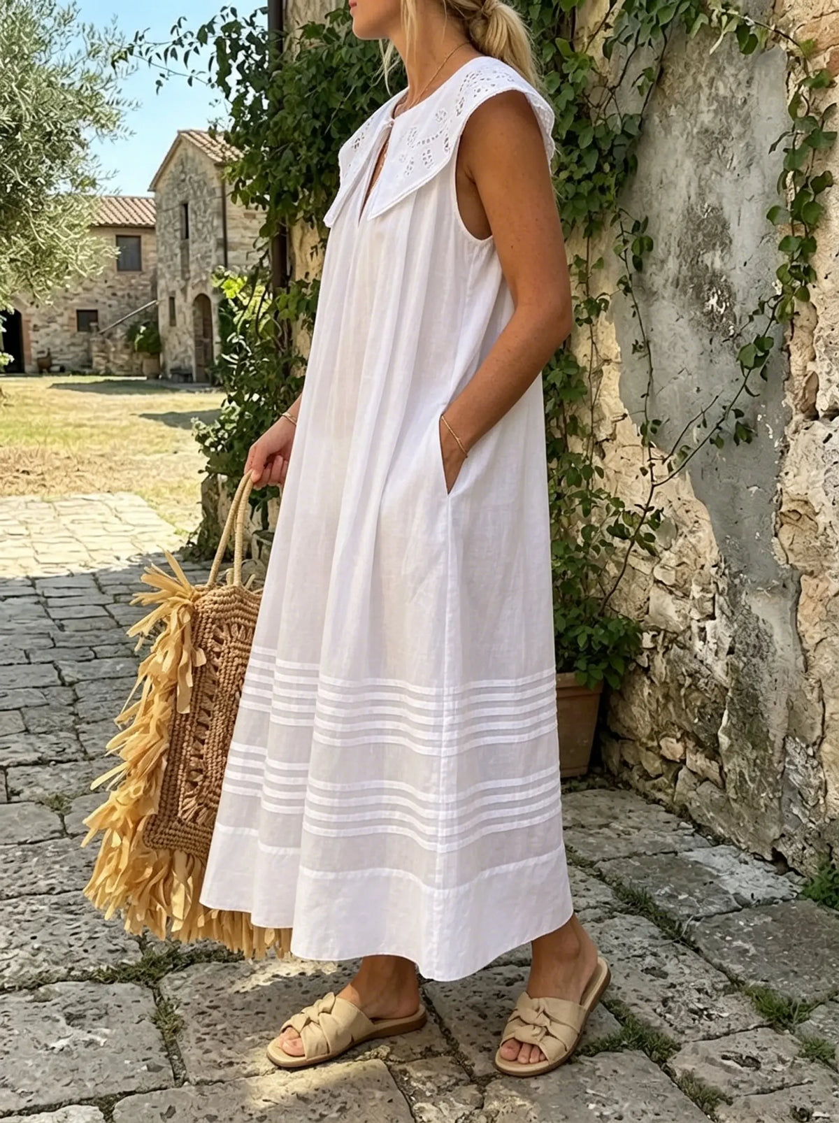 Vintage Lace Collar White Cotton Midi Dress