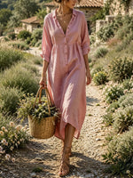 Women's Solid Textured Collar Button Front Gathered 3/4 Sleeve Linen Midi Dress