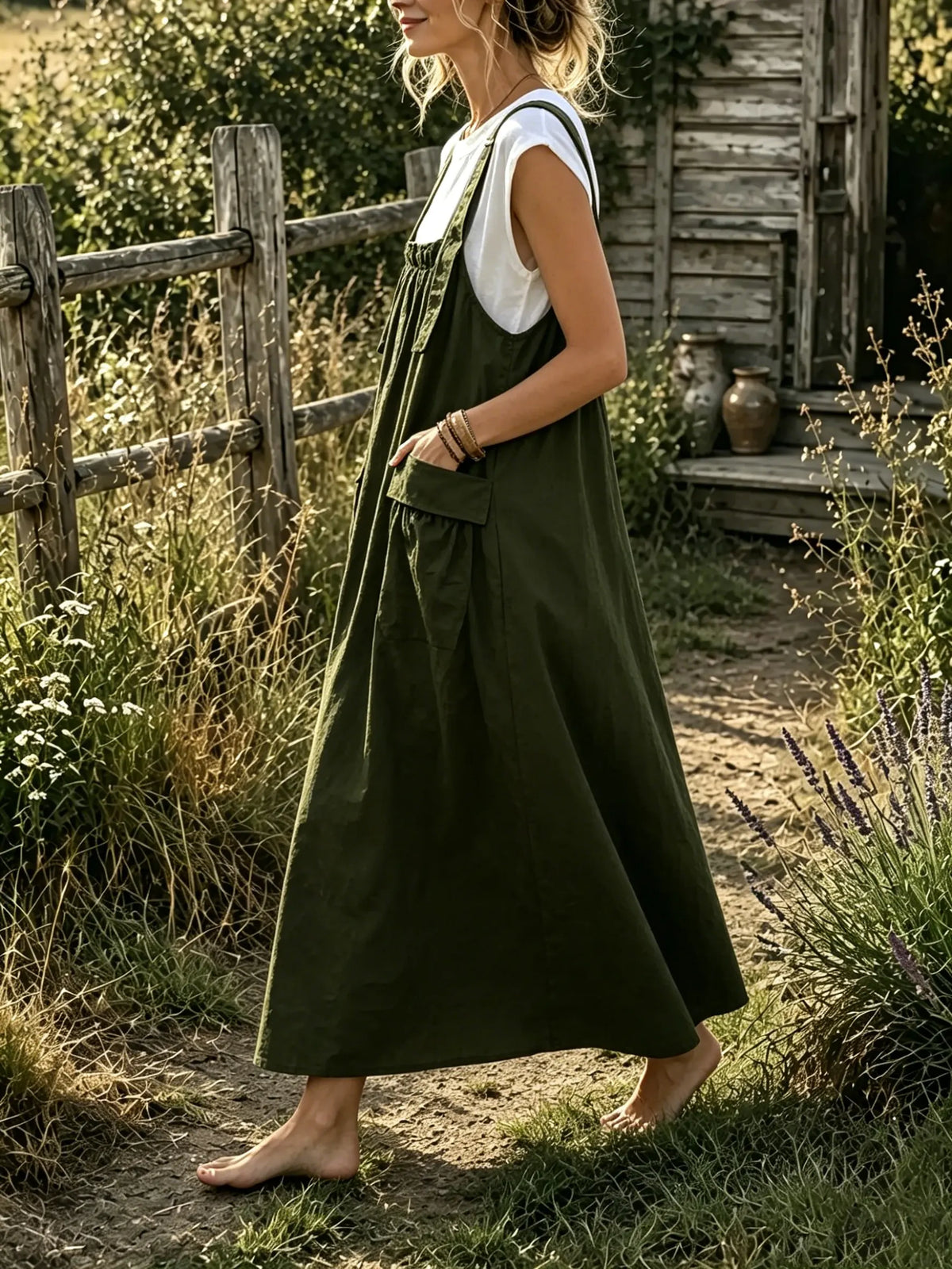 Women's Solid Textured Cargo Pocket Pinafore Maxi Dress