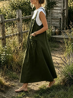 Women's Solid Textured Cargo Pocket Pinafore Maxi Dress