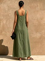 Vintage-style Embroidered Cotton-linen Maxi Dress—square Neck, Sleeveless, Loose-fitting, And Casual