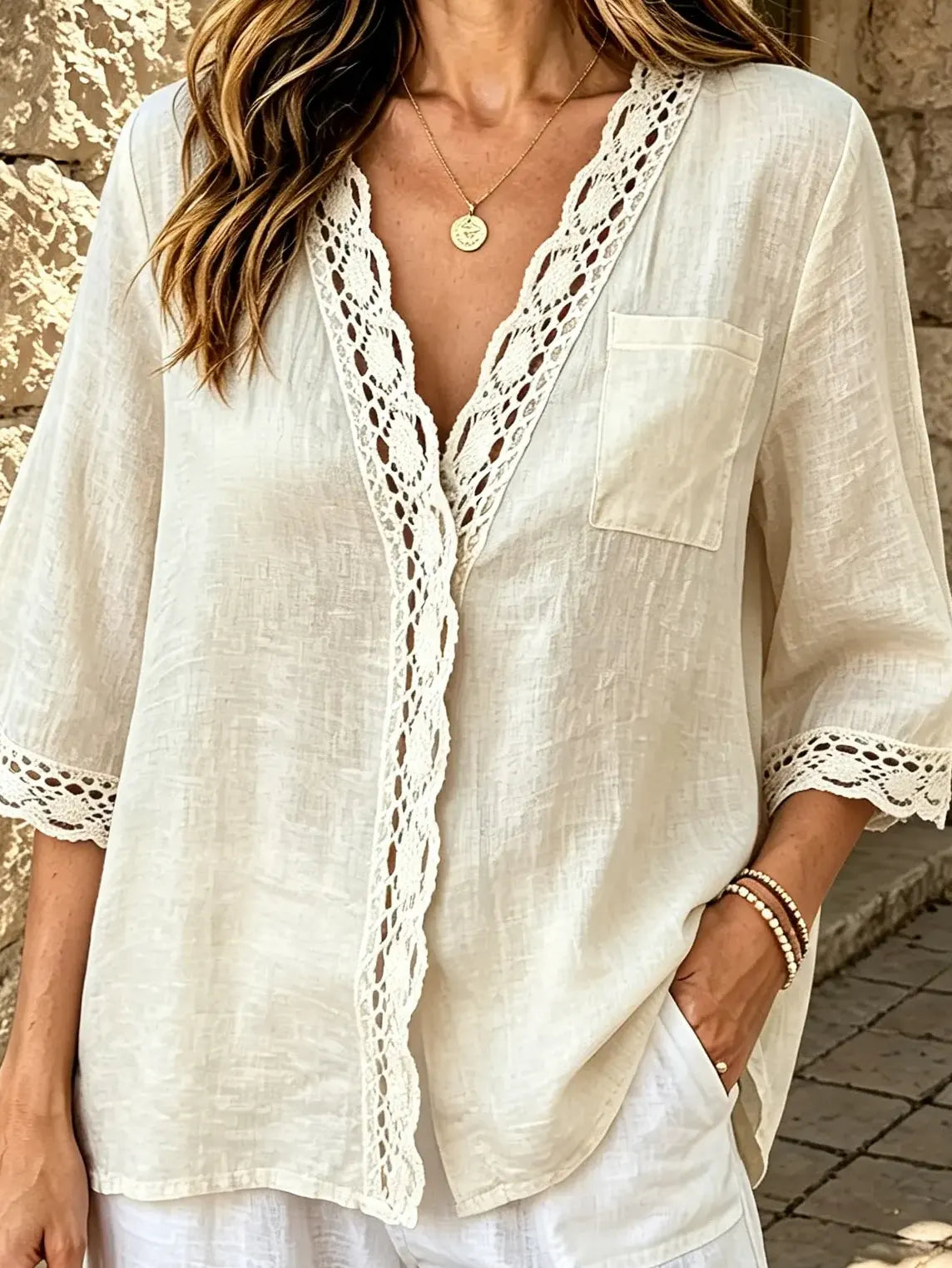 Women Solid Cutout Lace Patch V-Neck 3/4 Sleeve Blouse