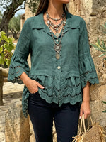 Women's Dark Green Eyelet Peplum Shirt