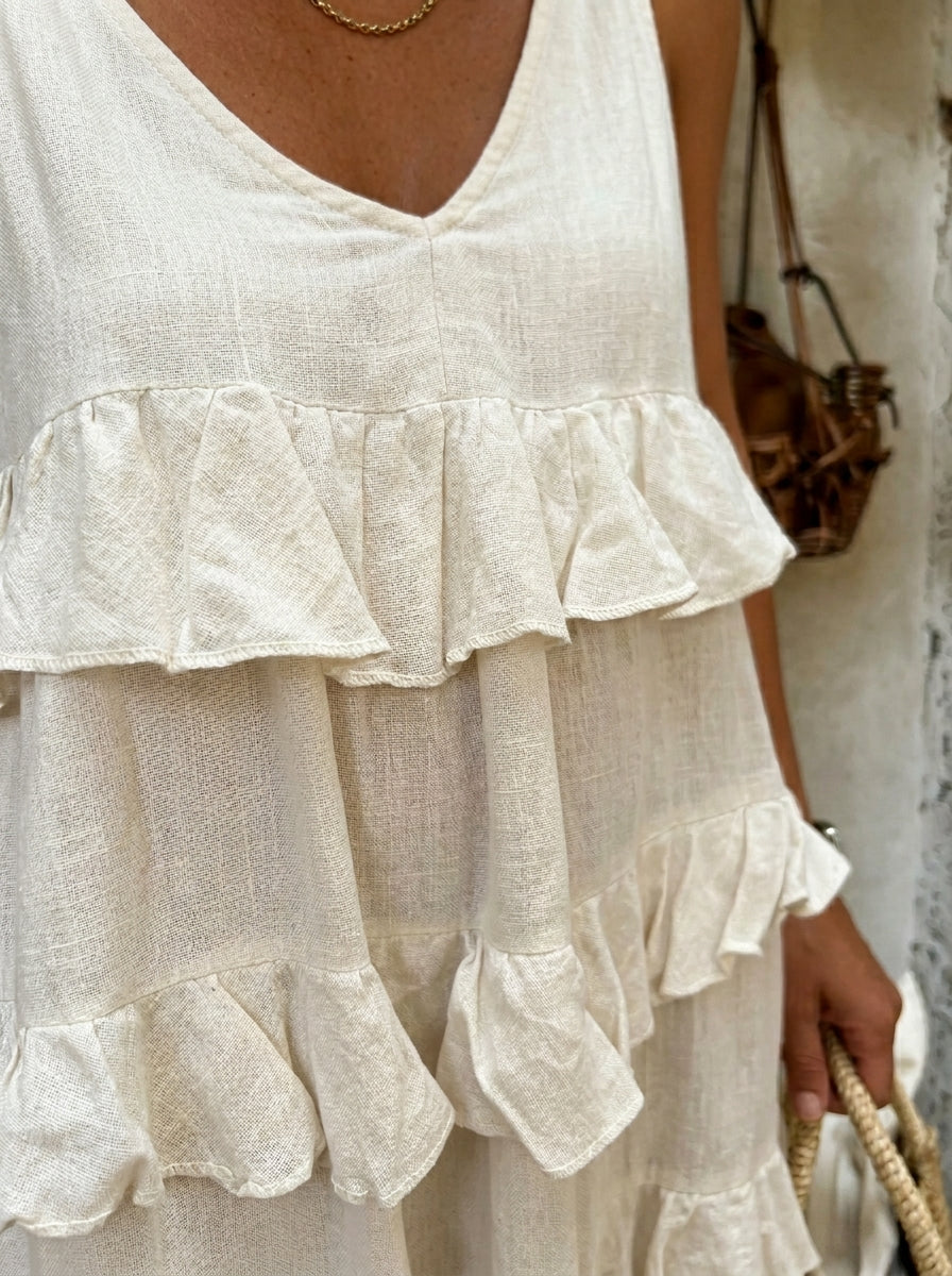Women's Cotton Linen Square Neck Short Sleeve Flowy Chiffon Midi Dress