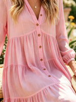 Women's Solid Collar Full Button Puff Long Sleeve Tiered Linen Midi Dress