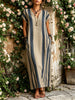 Women's Vertical Stripe V-neck Cap Sleeve Linen Maxi Kaftan Dress With Pockets