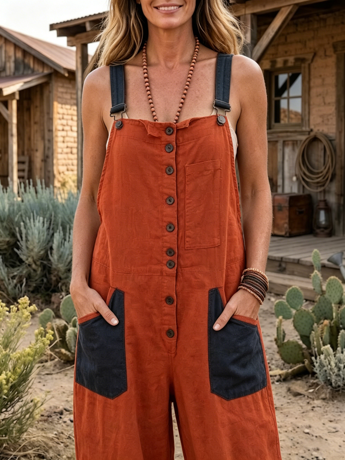 Rust Color Block Button Front Strap Baggy Linen Overalls Jumpsuit