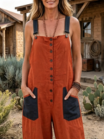 Rust Color Block Button Front Strap Baggy Linen Overalls Jumpsuit