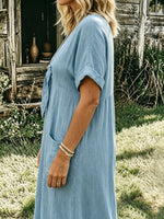 Womens Light Blue V Neck Tie Front Linen Jumpsuit, Cuffed Short Sleeve Wide Leg Overall With Pockets
