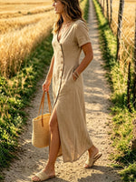 Women's V Neck Button Front Linen Maxi Dress, Short Sleeve High Slit Casual Dress With Pockets