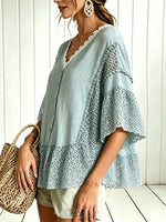 Women Solid Eyelet Lace Panel V Neck Loose Shirt