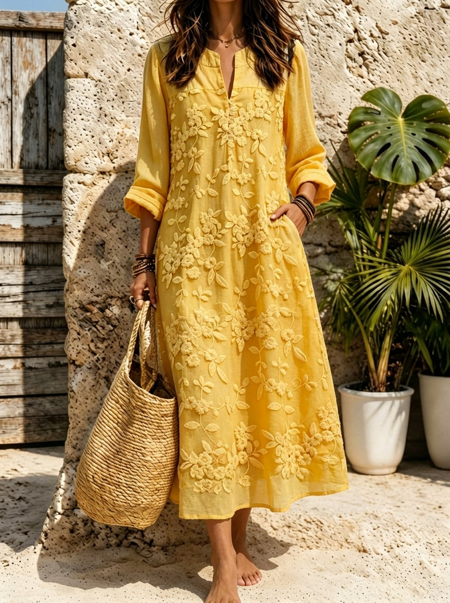 Women's Boho Floral Embroidered Linen Midi Shirt Dress With Pocket