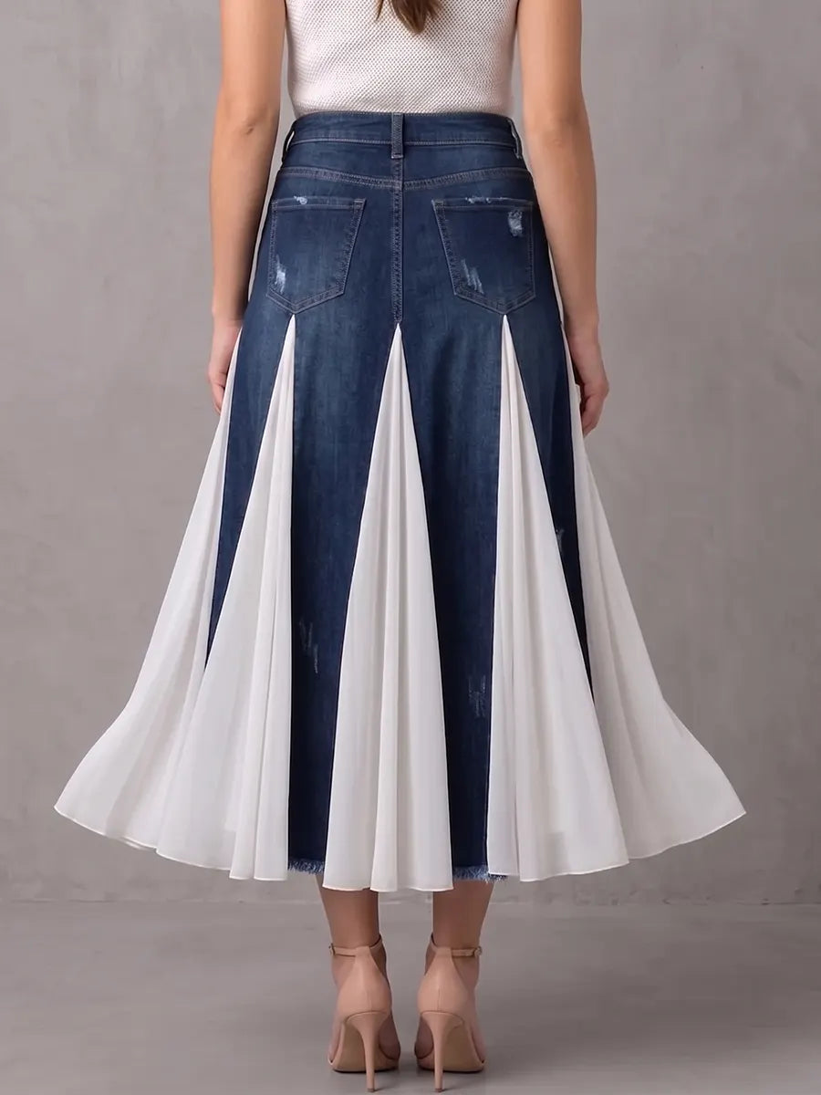 Contemporary Denim & Chiffon Paneled Midi Skirt