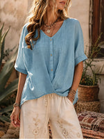 Women's Solid V-Neck Twist Front Half Button Cuff Short Sleeve Linen Blouse