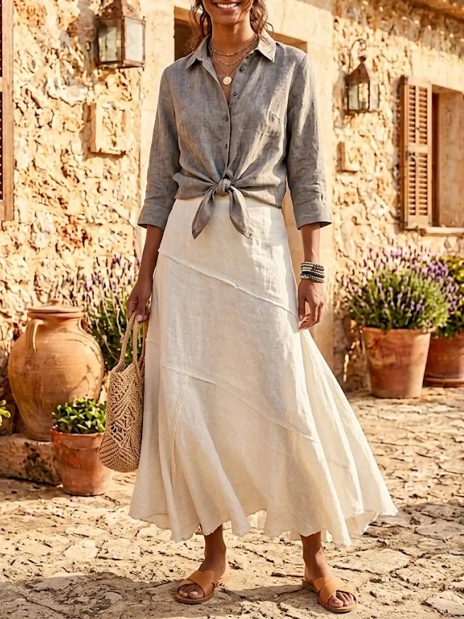 Women Solid Linen Tie Front Collar Shirt & Irregular Patch Maxi Skirt 2 Piece Set