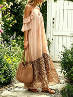 Women Blush Leopard Print Patchwork Cold Shoulder Cami Maxi Dress