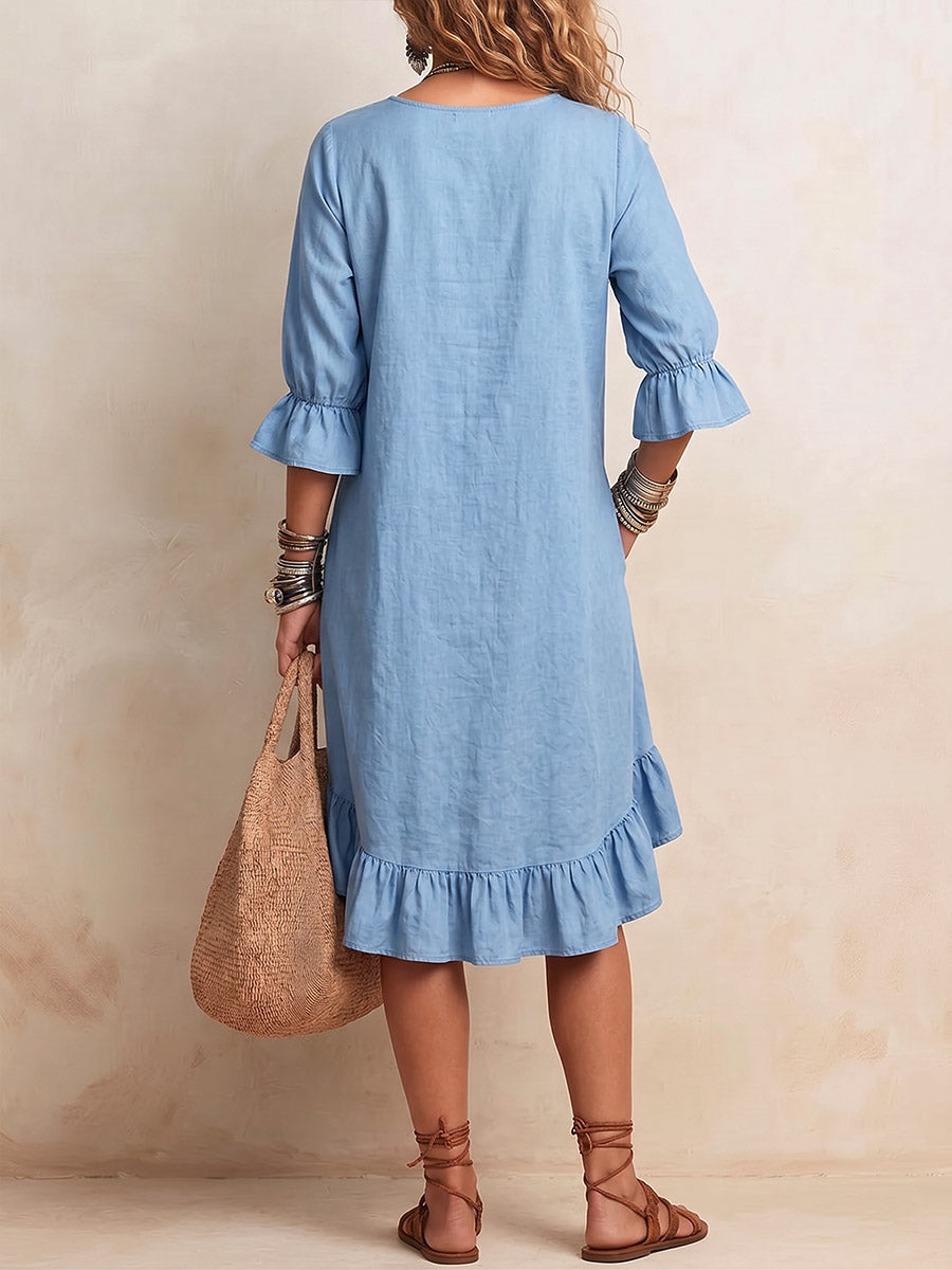 Women's Solid Color V-Neck 3/4 Sleeve Casual Loose Cotton-Linen Dress