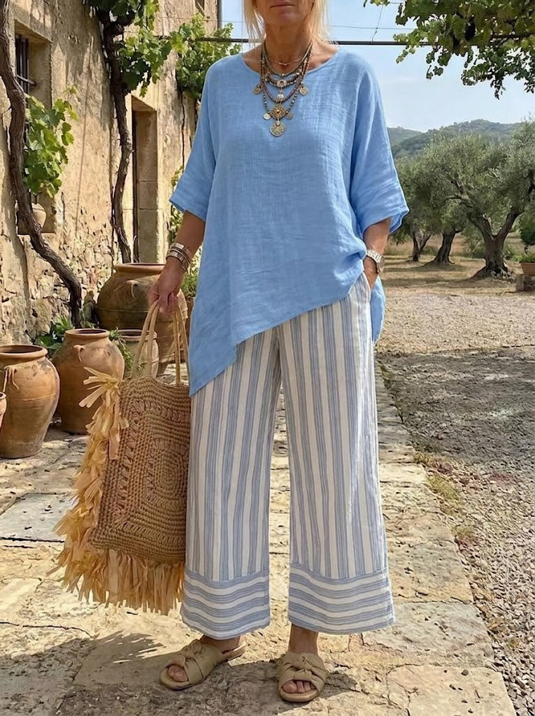 Women's Blue Asymmetrical Tunic and Striped Pants Set