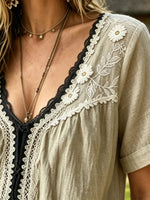 Women’s Floral Lace V Neck Short Sleeve Boho Blouse