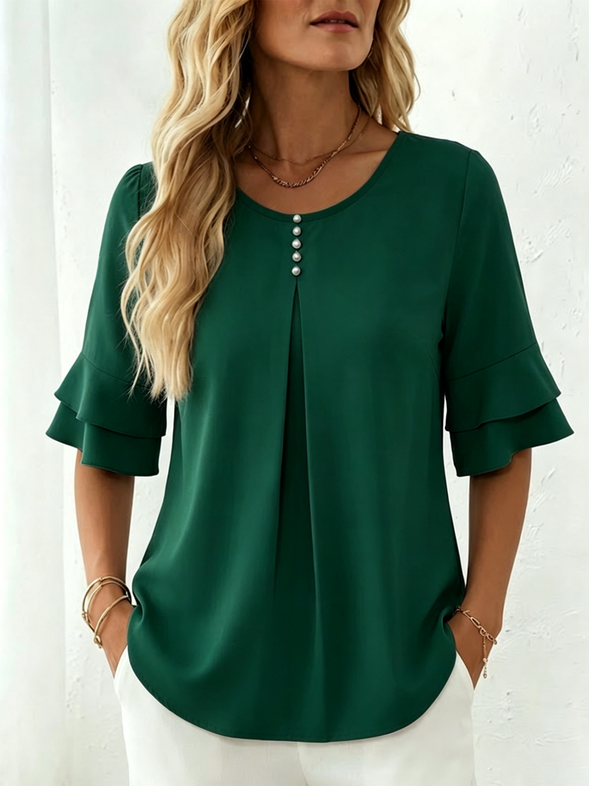 Loose-fit, Slimming Short-sleeved Shirt With Double-layer Ruffles