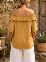 Women Solid Ruffle Off Shoulder Short Sleeve Top