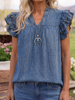 Vintage Art Comfortable Summer Fabrics Denim Ruffled Shirt