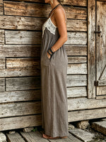Womens White Lace V Neck Spaghetti Strap Wide Leg Linen Jumpsuit With Pockets