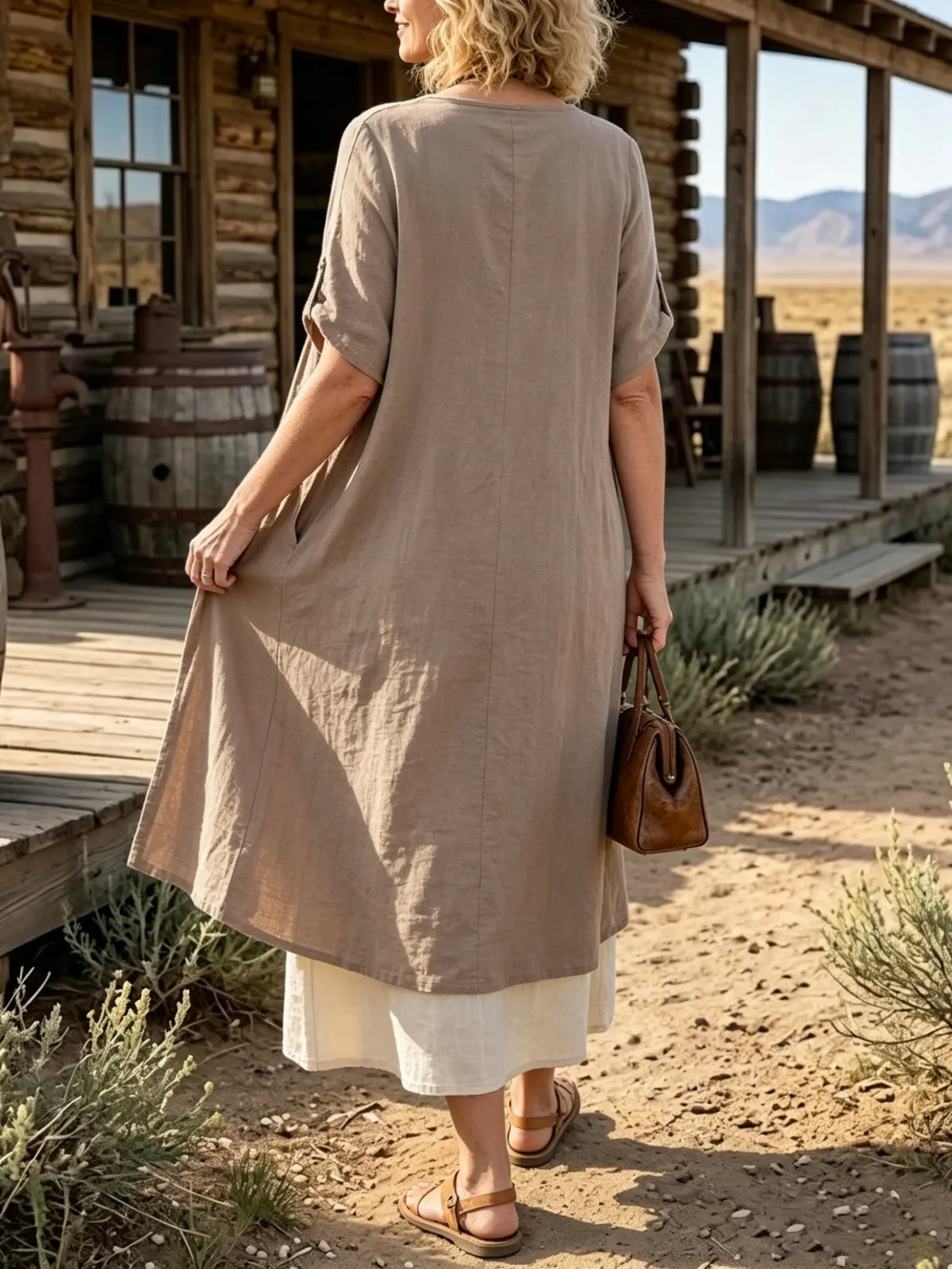 Women's Solid Linen Asymmetric Layered Side Button Poctket Dress