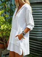 Women's Solid Color Lace V-Neck Hooded Beach Cover-Up