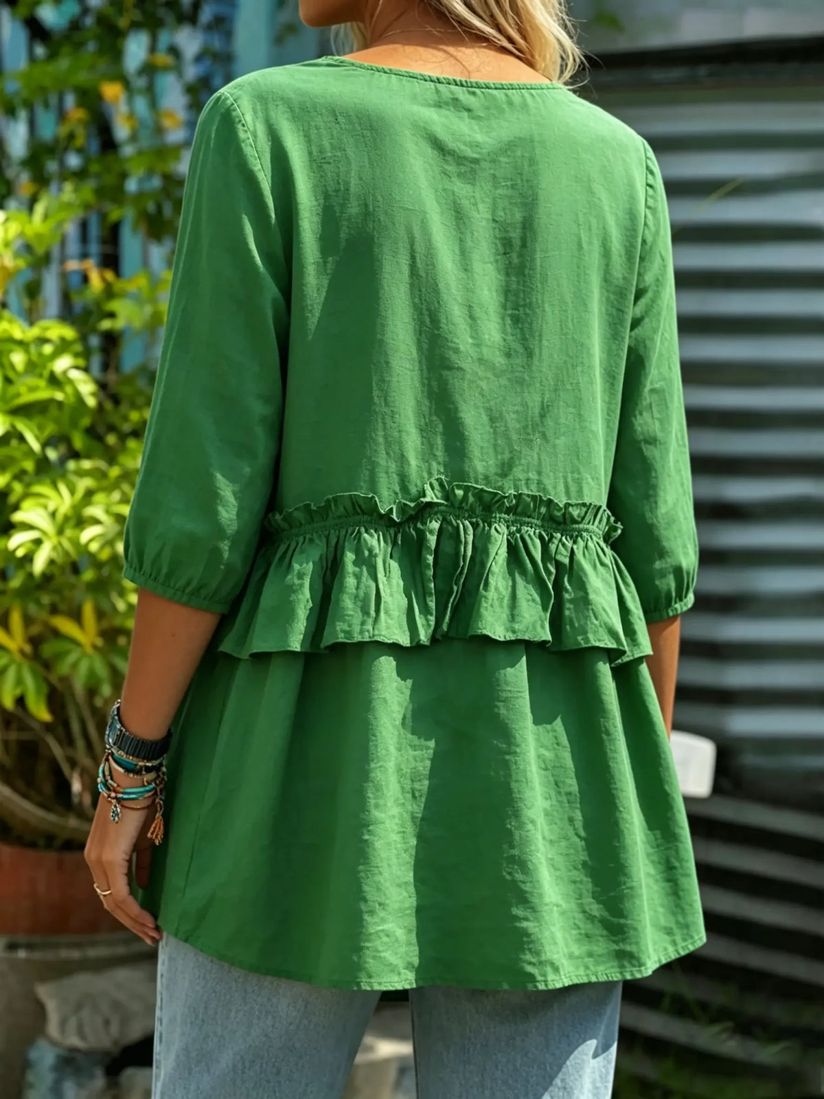 Women Solid Waist Ruffle Loose 3/4 Sleeve Tunic Top