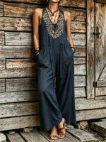 Women's Boho Embroidered Wide Leg Jumpsuit – Sleeveless V-Neck Cotton Linen Romper with Pockets