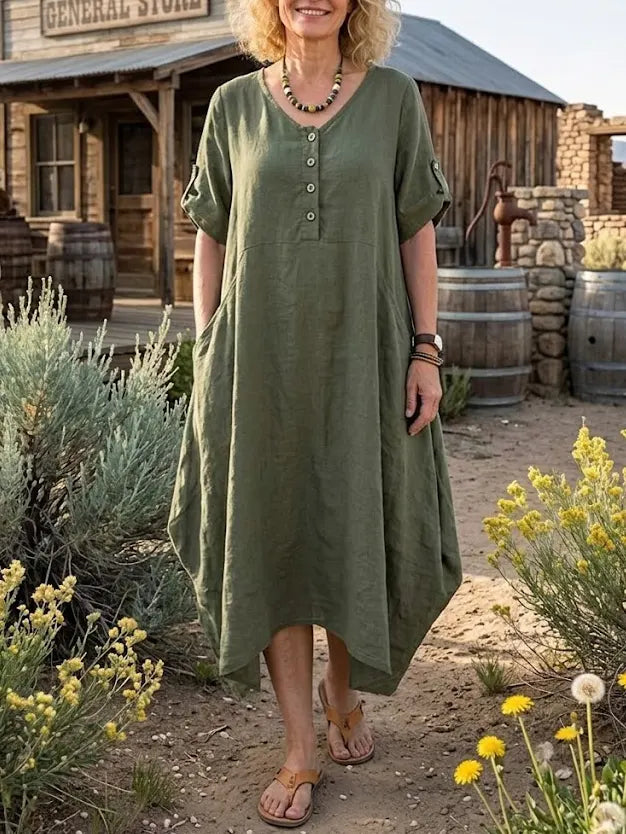 Women's Solid Linen Button V-Neck Irregular Hem Pockets Dress