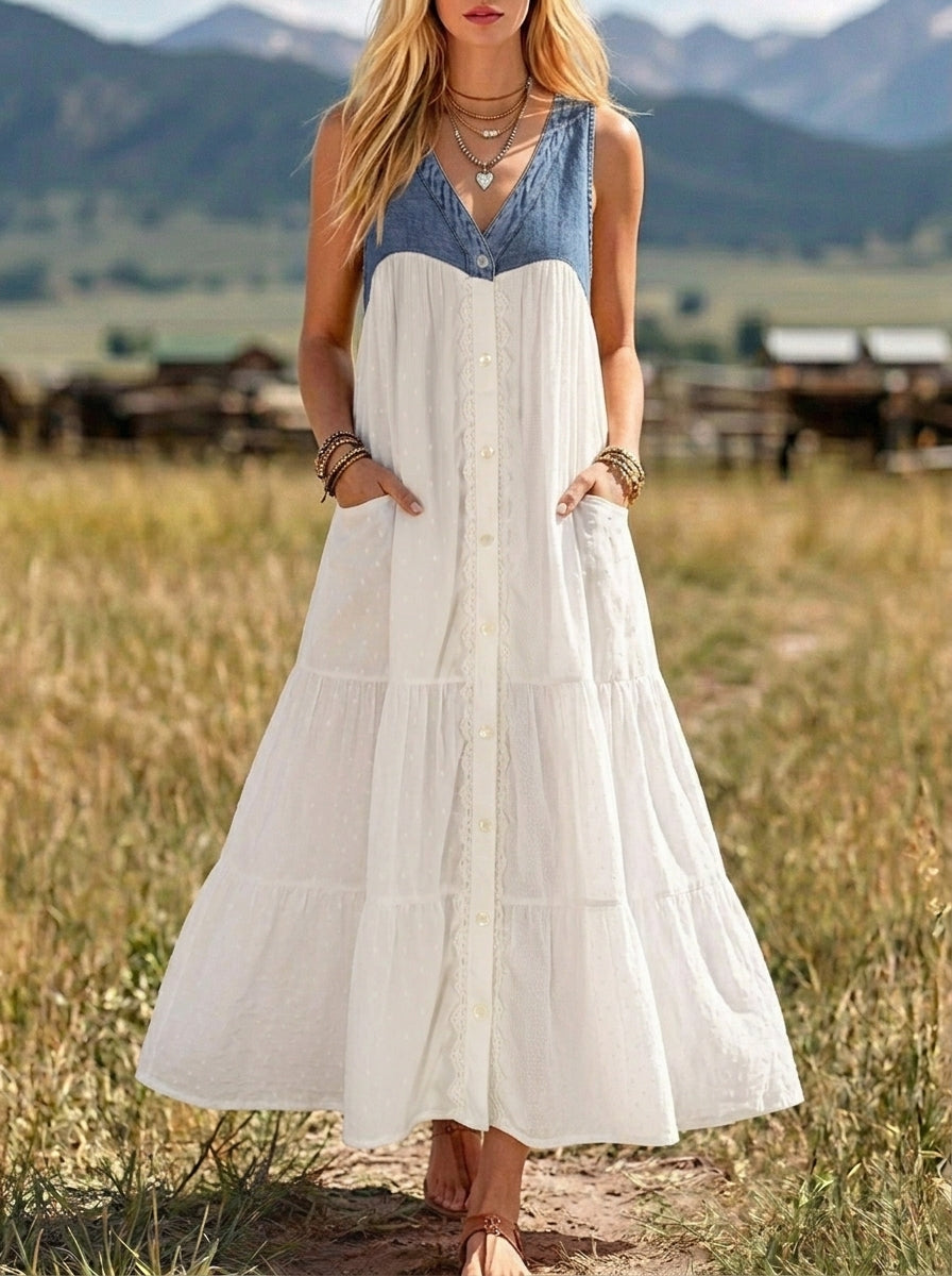 Women'sDenim V Neck Sleeveless Button Down Tiered White Maxi Dress With Pockets