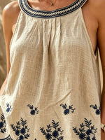 Women's Floral Botanical Embroidery Scallop Hem Halter Linen Tank Top