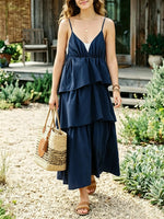 Solid Waist Tiered Ruffle V Neck Cami Midi Dress