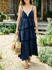 Solid Waist Tiered Ruffle V Neck Cami Midi Dress