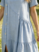 Women's Solid Crew Neck Diagonal Button Slit Short Sleeve Linen Midi Dress