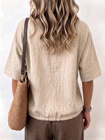 Women's Casual Loose-fit Cotton-linen Top With Placement Embroidery, Crew Neck, And 3/4 Sleeves With Drawstring Detail