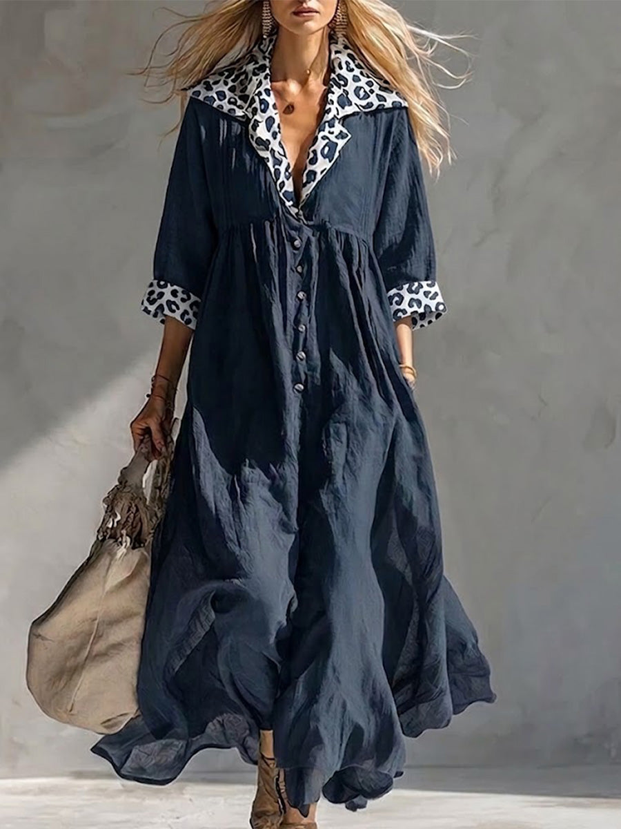 Retro-resort Style Linen Maxi Dress: V-neck, Button-front, High-waisted With Pleats, Featuring Leopard-print Panels On The Collar And Cuffs; Flattering Fit